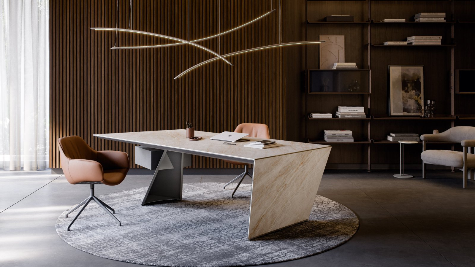 Secretária design Nasdaq da Cattelan Italia com perna de aço em diagonal