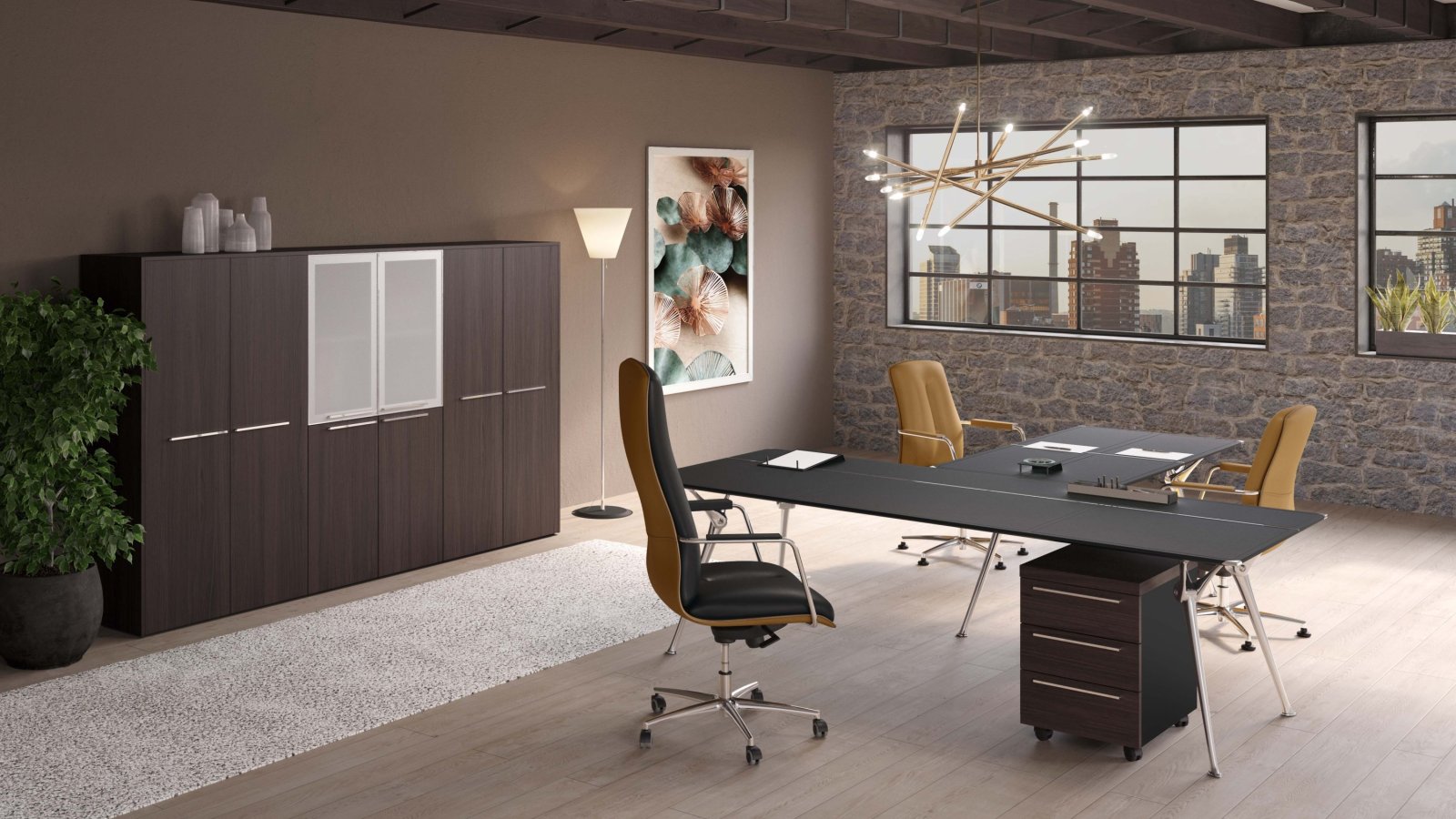 Secretária design Genesis de Codutti com tampo em carvalho tingido wengé
