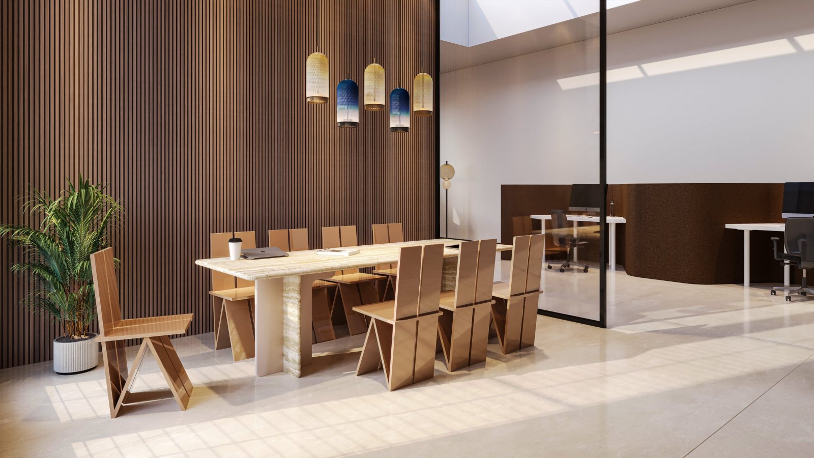 Mesa de reunião Ginza da Codutti com tampo de travertino romano sobre dois painéis estruturais
