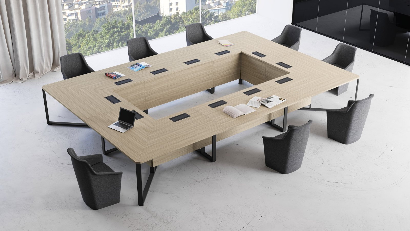 Sala de reuniões equipada com mesa, credência e púlpito I-Meet da Las Mobili