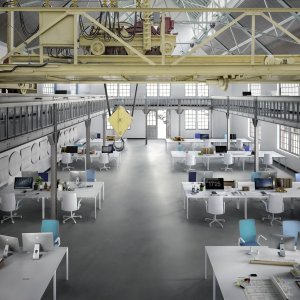 Sala de um banco com mesa Nuur da Arper e cadeiras