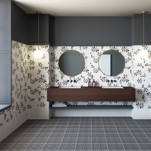 Piso de grés Chymia da Mutina com texturas preto e branco