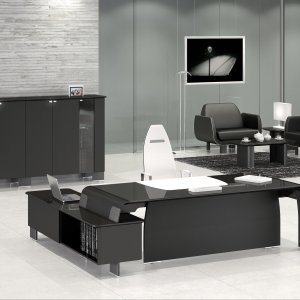 Gabinete de administração com secretária AlfaOmega, extensão equipada e estante de flancos curvos