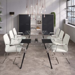 Mesa de reunião modular Genesis em madeira com perfil cromado entre os tampos