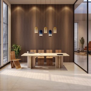 Tampo mate e painel lacado: o contraste de acabamentos na mesa Ginza