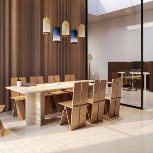Mesa de reunião Ginza da Codutti com tampo de travertino romano sobre dois painéis estruturais