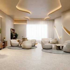Superfície de travertino romano da mesa de reunião Ginza vista de perto