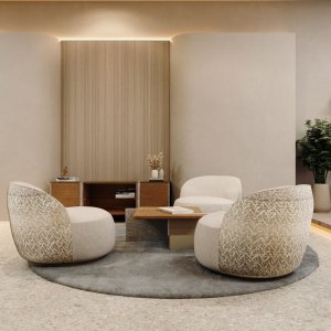 A redonda Ginza com três poltronas num canto de conversa