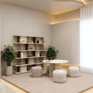 Em sala envidraçada, a mesa Ginza da Codutti em madeira maciça