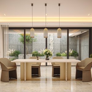 Canto arredondado do tampo de travertino da mesa de reunião Ginza, design Barbieri Magalini