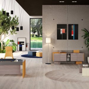 Mesa de reunião modular One da Codutti para 14 pessoas com tampo vidro-madeira-vidro