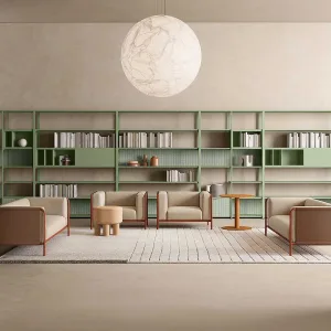 Parede de módulos Line System num escritório coworking