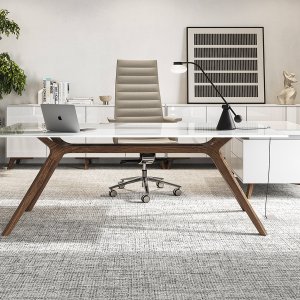 Secretária design DR da Frezza com tampo em grés Calacatta sobre vidro