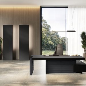 Las Mobili Jera secretária de direção 2 100 mm acabamento Noce Bali, painéis Eco-Pelle Ardesia — sala de direção Lisboa