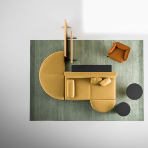 Ilha Node+ de 180 × 180 cm num átrio de empresa com pé-direito alto