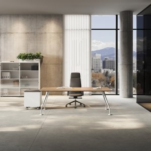Secretária design Énosi Las Mobili com tampo em vidro lacado Branco Extra e pernas cónicas cromadas