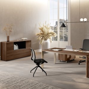 Mesa de reunião circular Iulio sobre coluna tronco-cónica Inox Grey