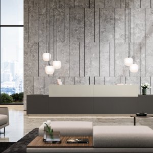 Balcão de receção Z1 da Quadrifoglio num átrio de empresa