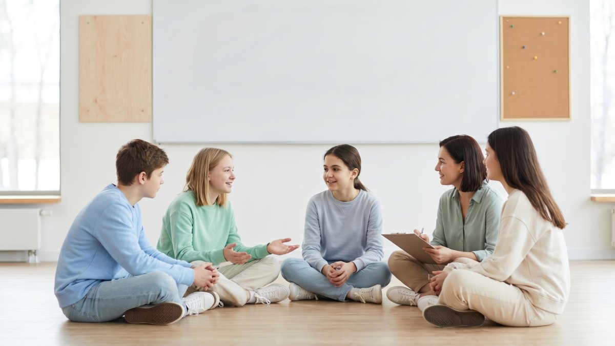 Adolescentes e adultos sentados em círculo no chão de uma sala de aula luminosa, diante de um quadro branco