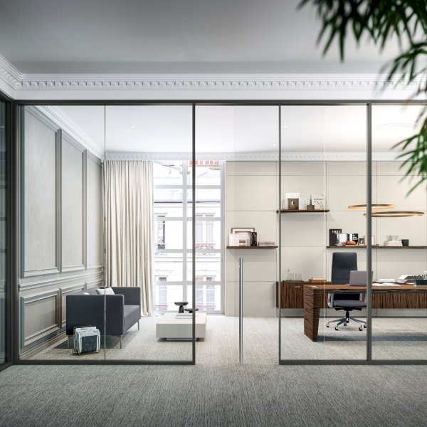 Escritório com executive desk e mesa de reunião Quadrifoglio, made in Italy